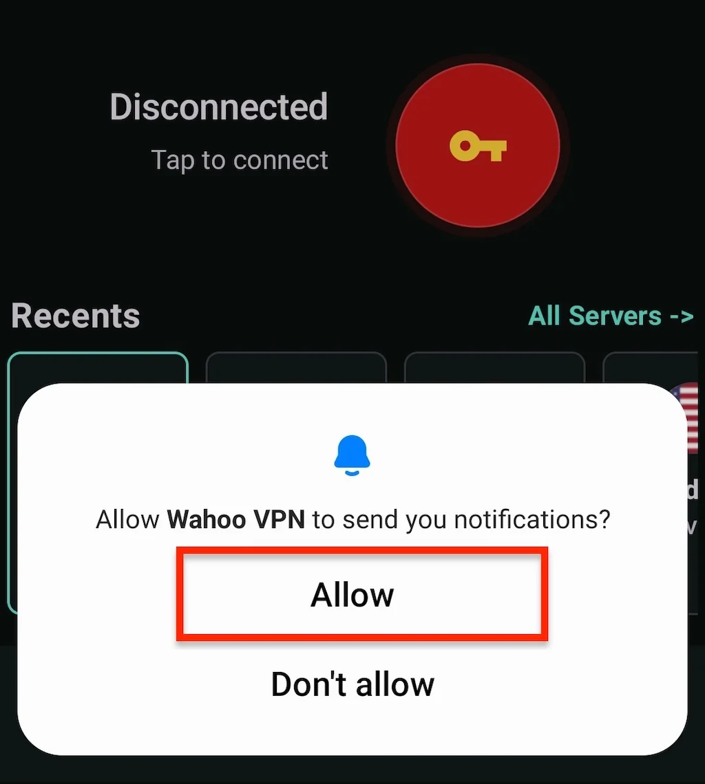 登陆以后，询问是否允许通知，请选“允许”， 否者无法启动vpn。
